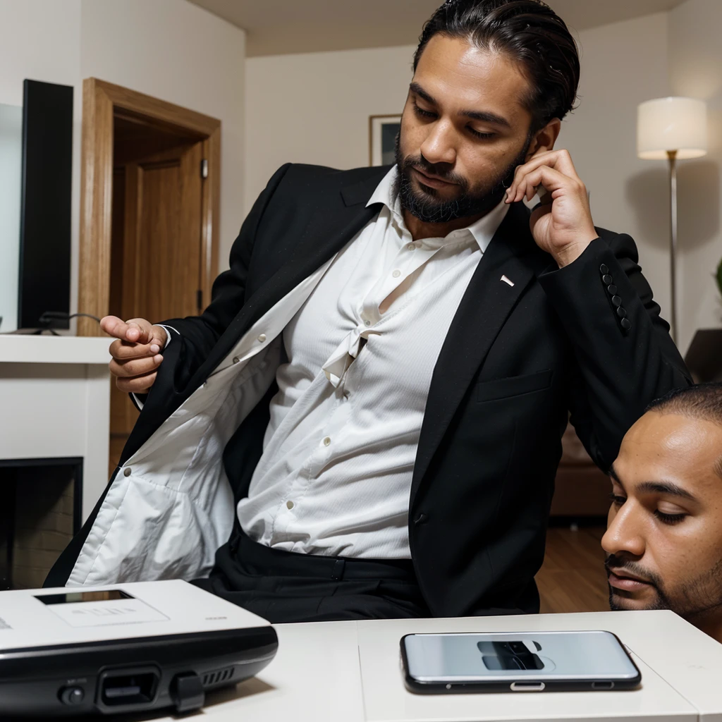 40 year old successful aesthetic man with beard,wearing black suit ,white tie ,light skin color,without glasses , holding a cell phone typical brazilian man , working on digital marketing in your living room
