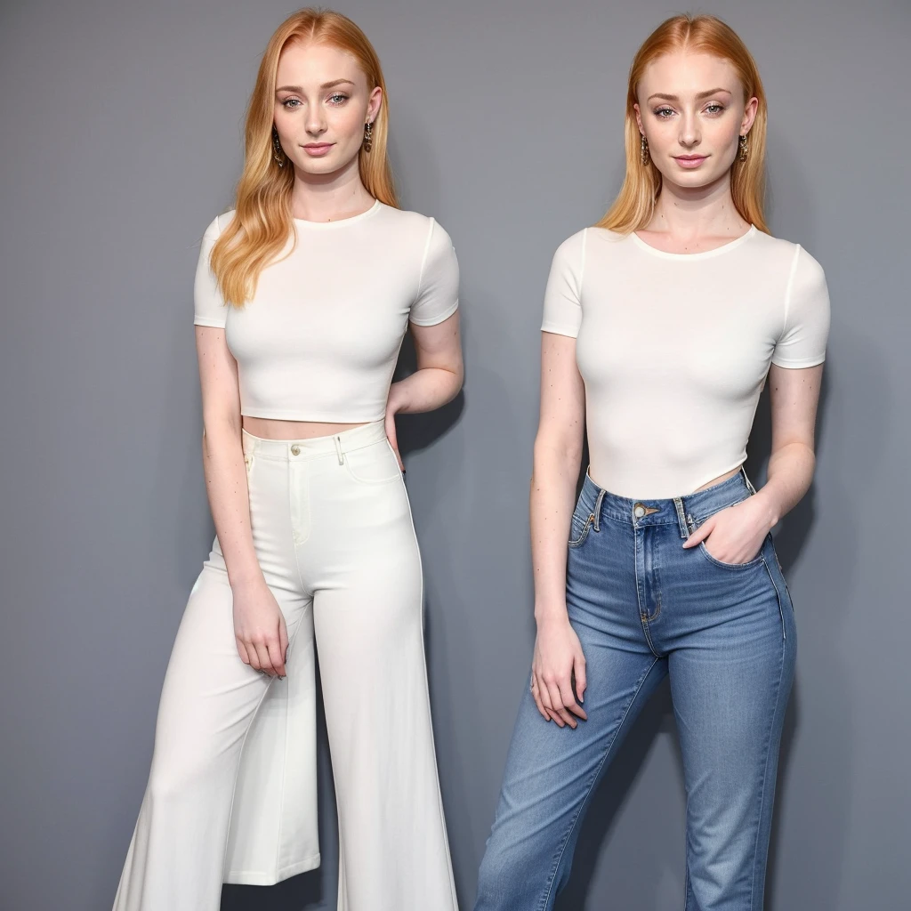 Sophie Turner in a white spft wool tight top tugged in in blue jeans, high quality, photorealistic,1 woman solo