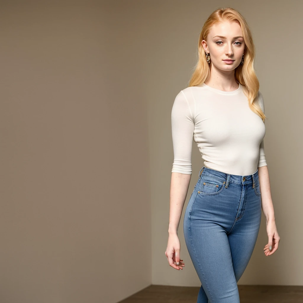 Sophie Turner in a white spft wool tight top tugged in in blue jeans, high quality, photorealistic,1 woman solo
