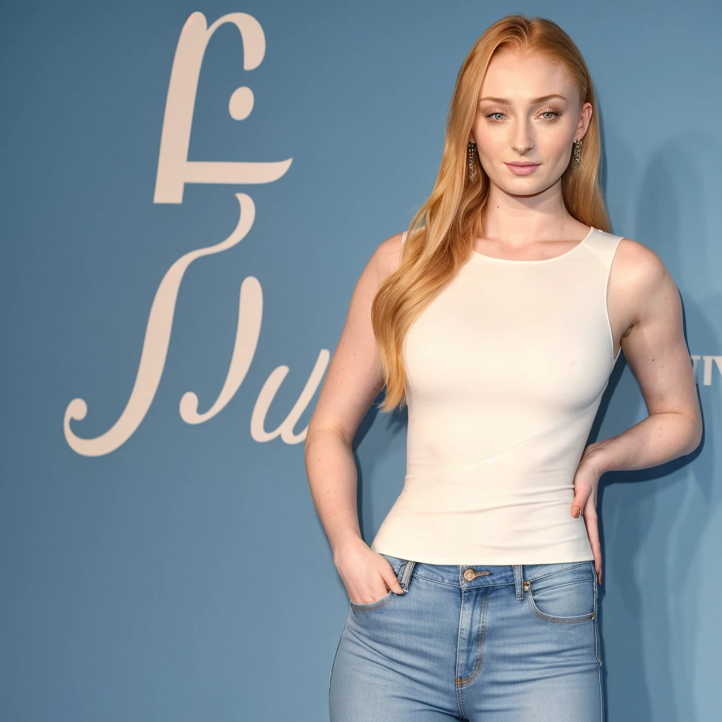 Sophie Turner in a white spft wool tight top tugged in in blue jeans, high quality, photorealistic,1 woman solo