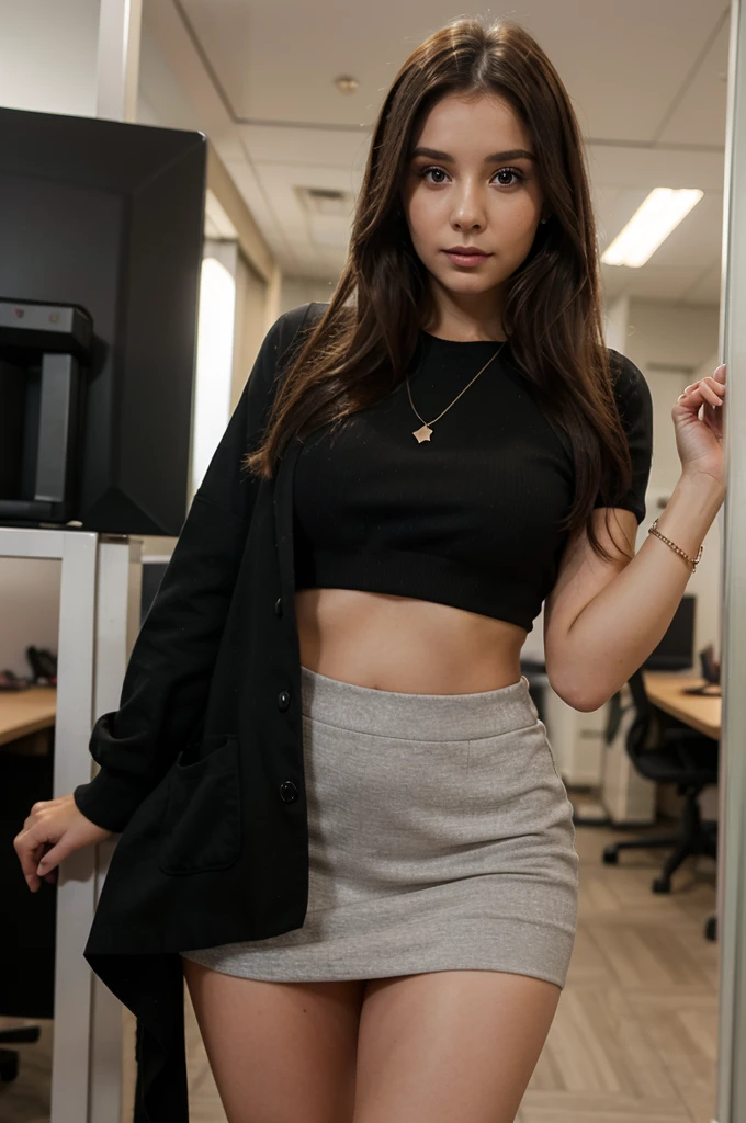 1girl in, 30 years old, Square face, Long hair, Looking at viewer, jewelry, Reality, Sexy, Short skirt outfit, , office background, free pose