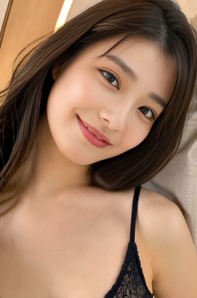 ((Highest quality、8K、High resolution、High resolution:1.3))、1 female、25 year old Japanese woman、((whole body:1.4))、(Sit on the bed、Sitting:1.1)、Slim figure、((Medium breast、Bust of average size、Beautifully shaped breasts:1.2))、Smiling Kindly、(Micro bra、Micro Panties:1.3)、Medium Hair、Dark brown hair、Detailed Hair、Cinema Lighting、Highly detailed face、Beautiful Lips、Detailed eyes、double eyelid、Beautiful black eyes、looking at the camera、Narrow Face、Sharp face line、Look at us、Natural smile、Photorealistic、A vivid face、Natural Makeup、8th life、 a luxury hotel bedroom、Bright lighting