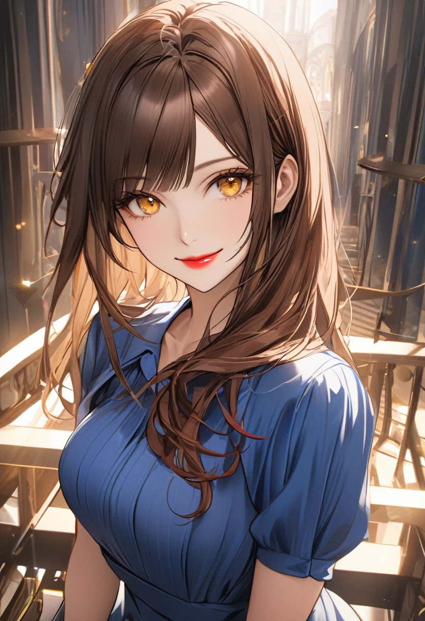 1 girl, alone, brown hair, long, breasts, looking at viewer, smile, bangs, brown hair, blue dress, jewelry, medium breasts, closed mouth, yellow eyes, red lips,