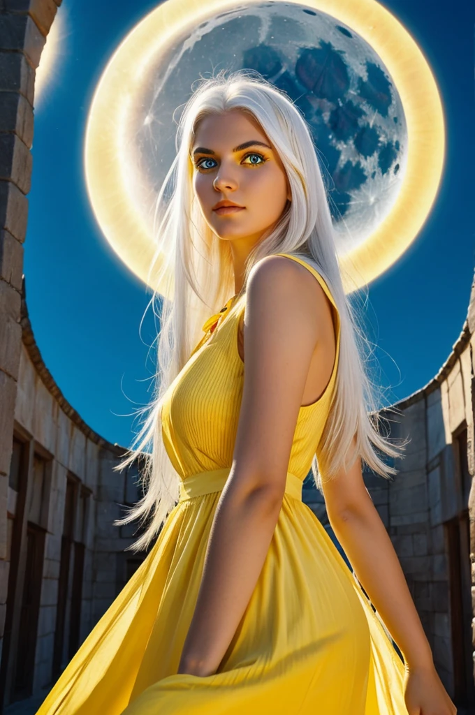 Beautiful white hair girl with yellow eyes wearing a bright yellow and blue dress,while highlighting its power of sun and moon