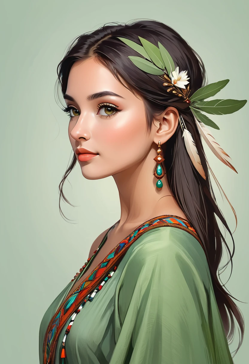 elegant, sage, young and beautiful woman looking sideway, with a native nose.