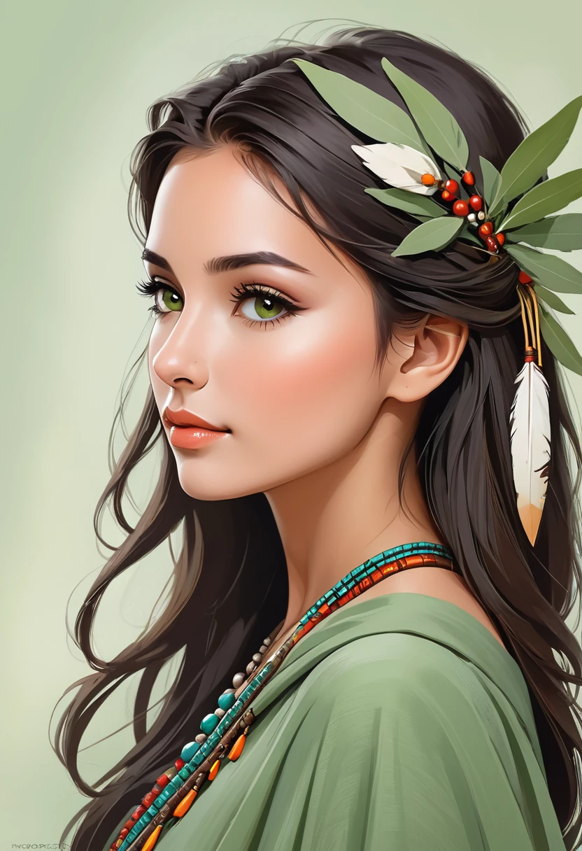 elegant, sage, young and beautiful woman looking sideway, with a native nose.