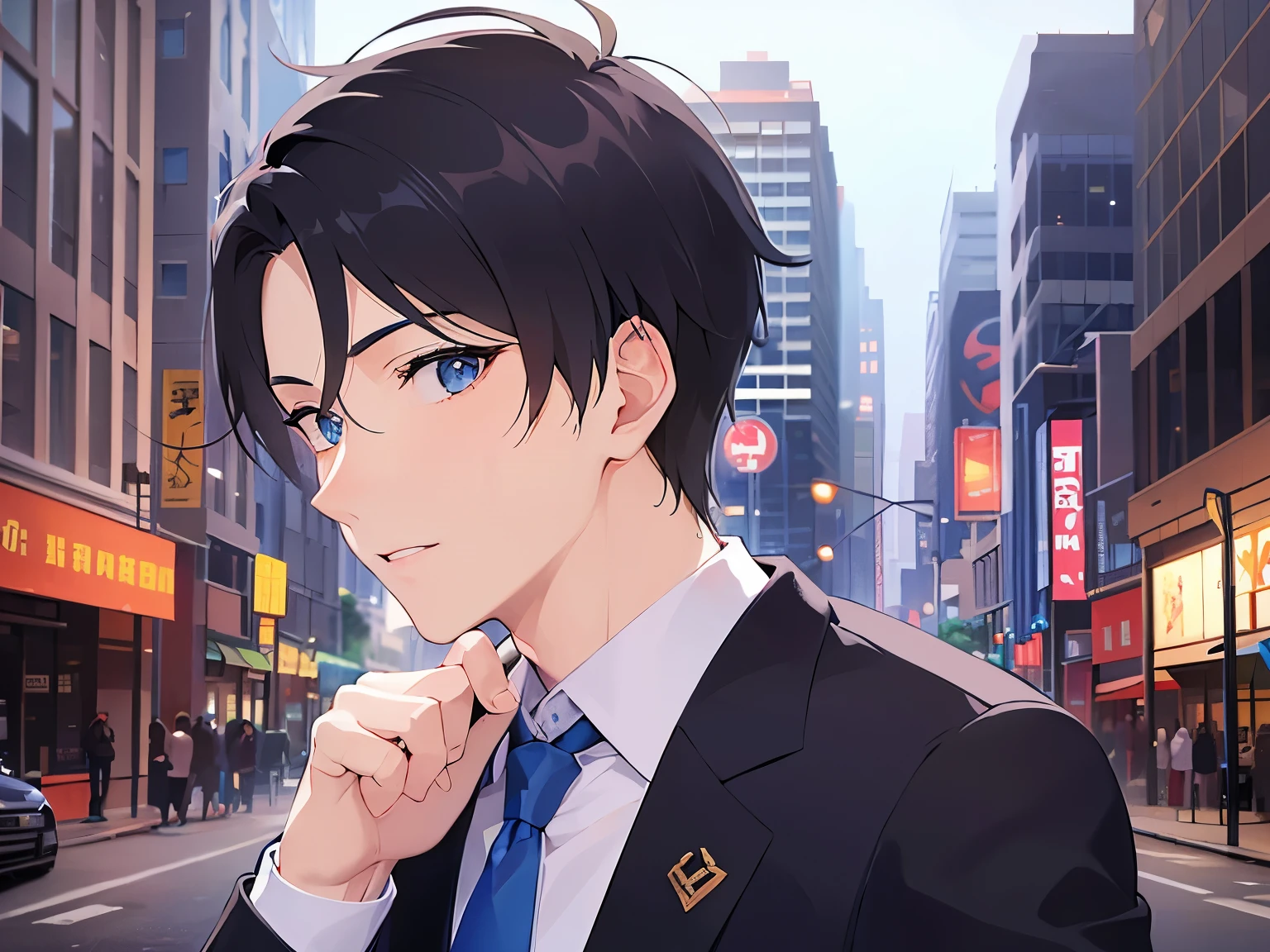 Detailed CG,Ultra-fine illustrations,masterpiece,Highest quality,Shiny skin,BREAK(26-year-old male:1.5)BREAK,(Black Short Hair)and(blue eyes),(suit:1.5)and(white collared shirt)and(Blue tie),(relieved expression:1.3),The background is the city at night,(looking back:1.5)