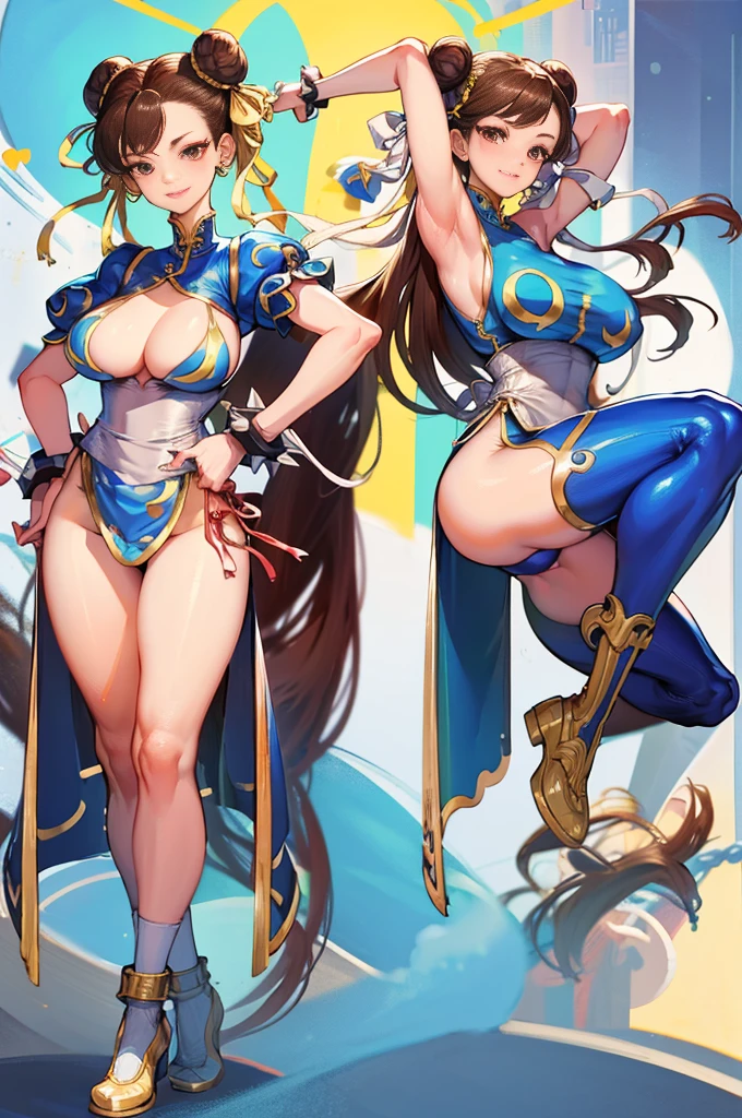 street fighter smiling chun li, showing armpits and big , , full body. 