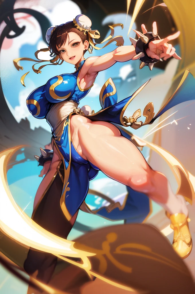 street fighter smiling chun li, showing armpits and big ass, , full body. 