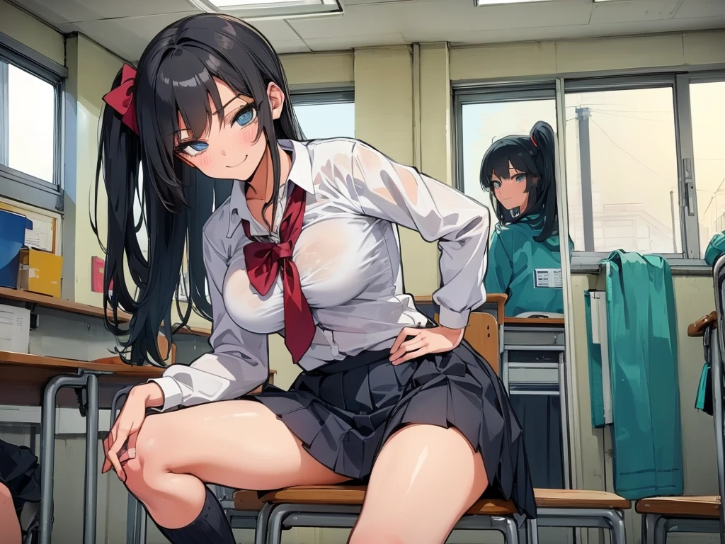 high school student、Women、School classroom、(Big Breasts)、smirk、curvy、(((((1 girl)))))、(from below)、