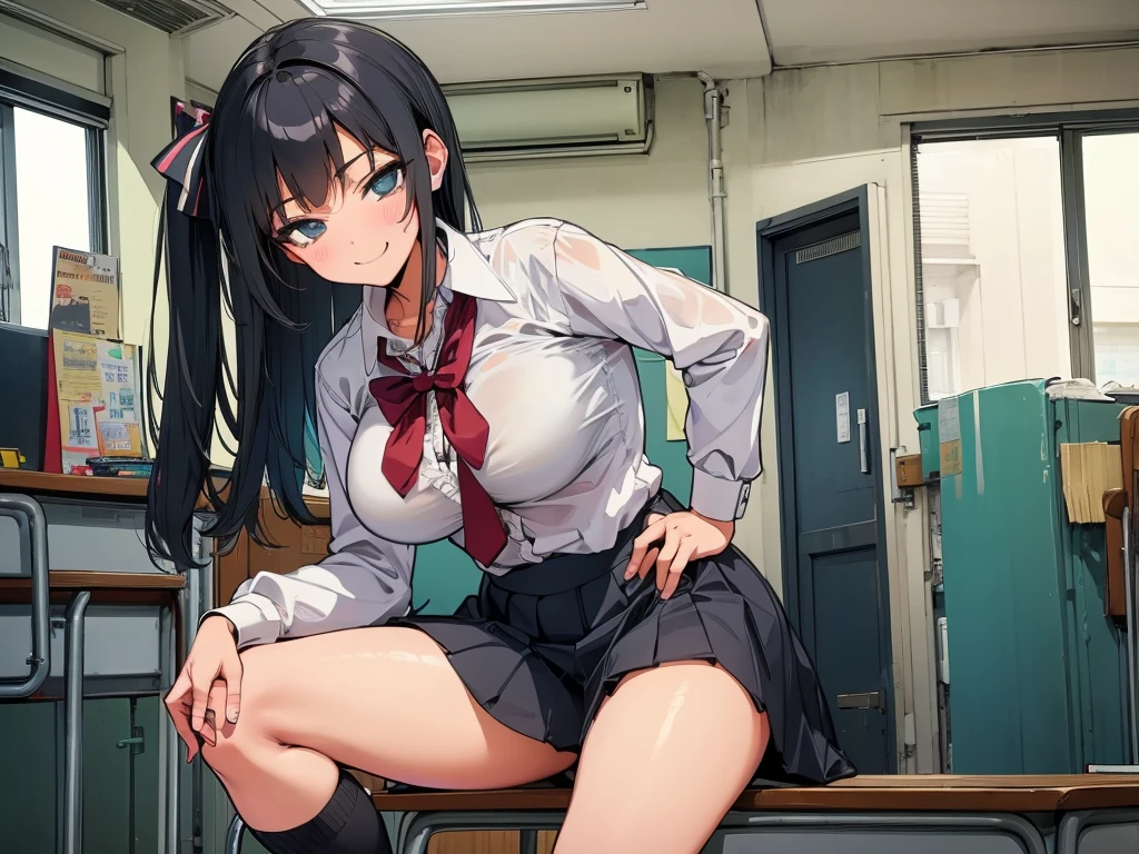 high school student、Women、School classroom、(Big Breasts)、smirk、curvy、(((((1 girl)))))、(from below)、