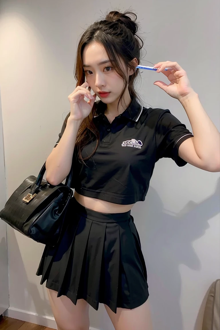 1 Girl, Black skirt, White background,