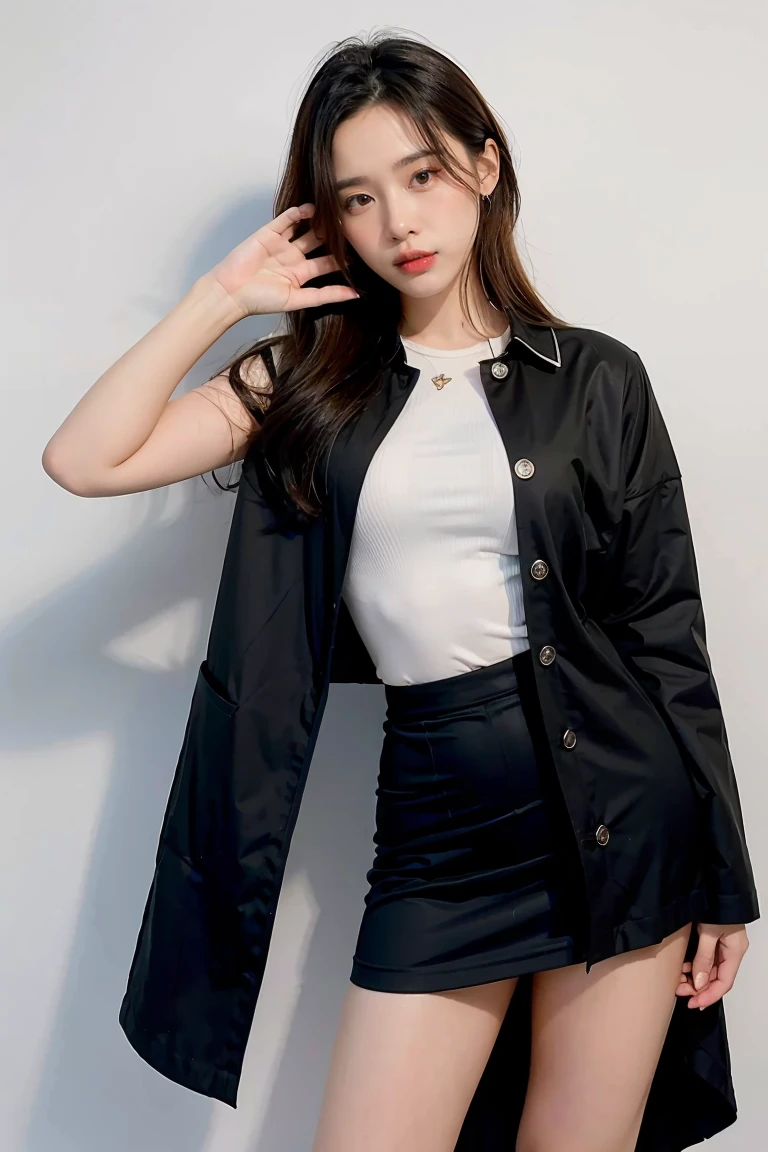 1 Girl, Black skirt, White background,