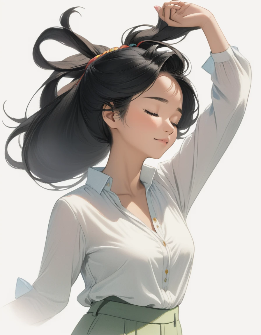 A 25-year-old black-haired Malaysian woman closes her eyes and stretches her hands toward the sky. White background, hair tied above the neck. Colored pencil drawing. White blouse and pants. From head to shoes. Whole body.
