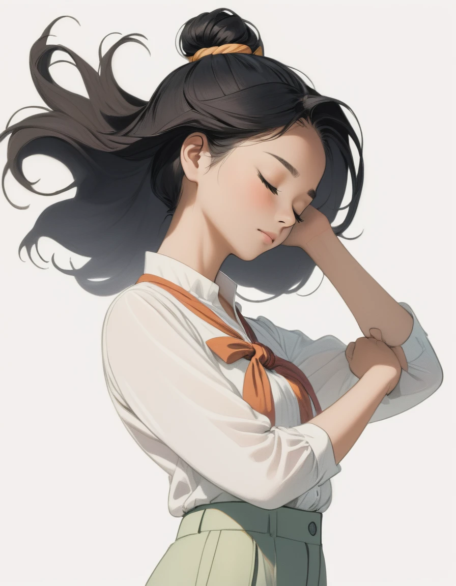 A 25-year-old black-haired Malaysian woman closes her eyes and stretches her hands toward the sky. White background, hair tied above the neck. Colored pencil drawing. White blouse and pants. From head to shoes. Whole body.