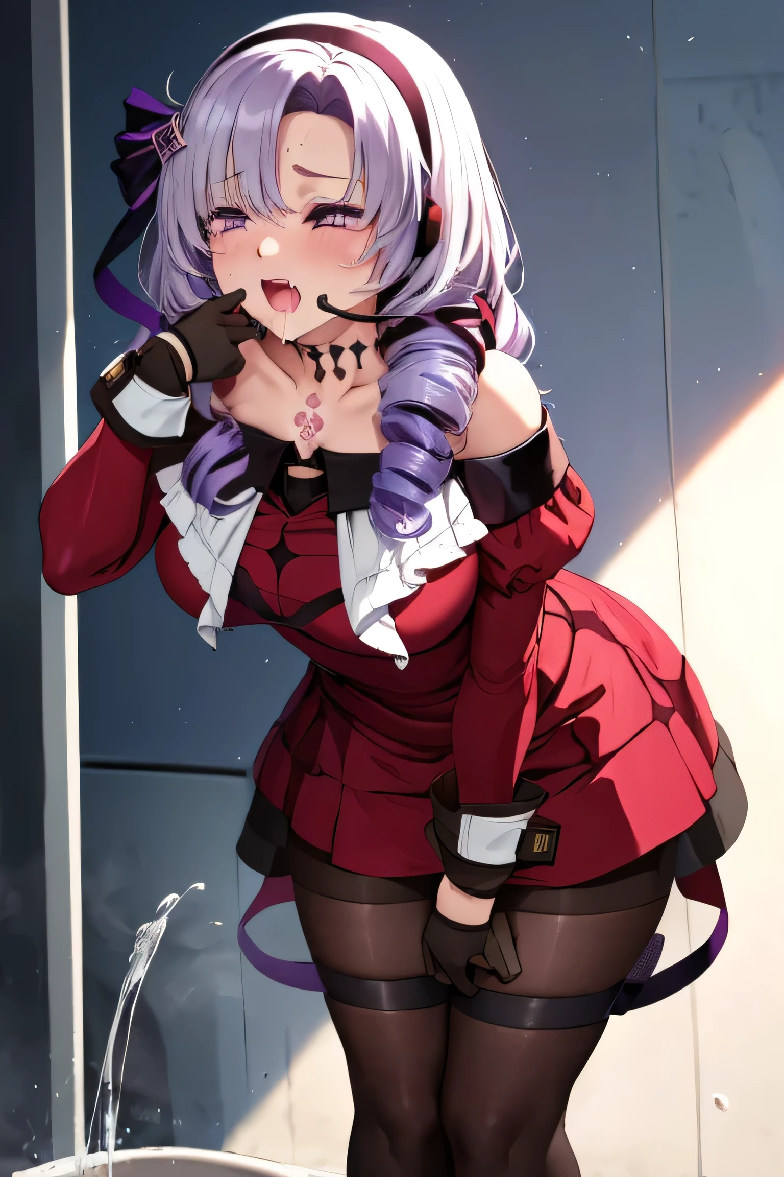 beautiful, (masterpiece:1.2), (Highest quality:1.2), Perfect Eyes, Perfect Face, Perfect lighting,One girl, Oily skin,masterpiece, Highest quality, High resolution, (Salome), Drill Hair, Parted bangs, hair band, ribbon, Purple eyes, Large Breasts, tattoo, ((Red tight dress made of cupra material)),mini skirt,Long sleeve, Bare shoulders, Black gloves, Cowboy Shot,Open your mouth, ((headset)),Constricted eyes,have to pee,,Crying face,tears,Saliva1,close your eyes,
,((gushes out)),(((Urine splashes))),Pee running down the inside of the thigh,bent over