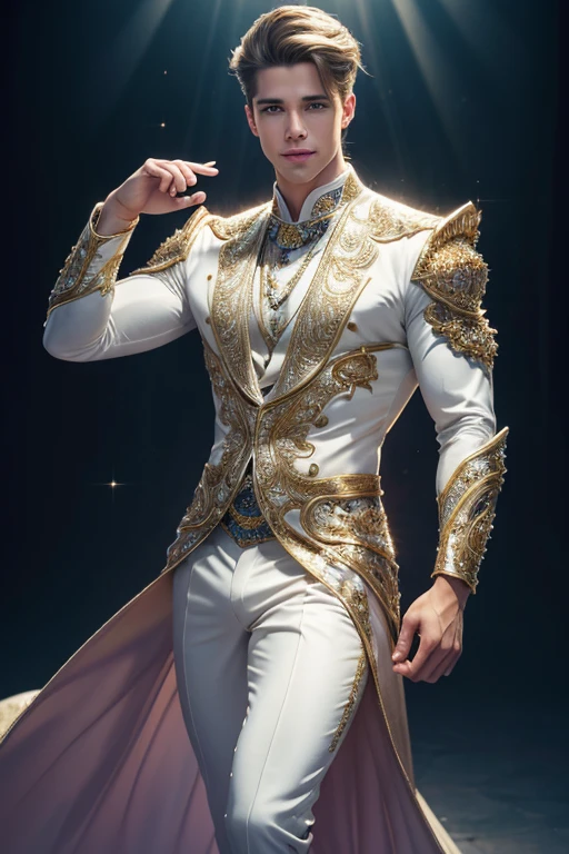 full body photorealistic ultra realism high definition aesthetic stabilized diffusion picture of handsome hunky fractal clean shaven Drew Van Acker Prince of hexagon, in gold diamond transparent sparkling shiny crystal glass chrome filigree outfit,,look at camera, detailed facial parts,, studio as background, Freestyle Pose, Happy Expression, perfect anatomy, symmetric body,, 18 years old, high detail, a lean athletic body, realistic, human skin, extremely detailed fingers, chad chin,, masculine, human skin, (eyes contact), gorgeous, Attractiveness
