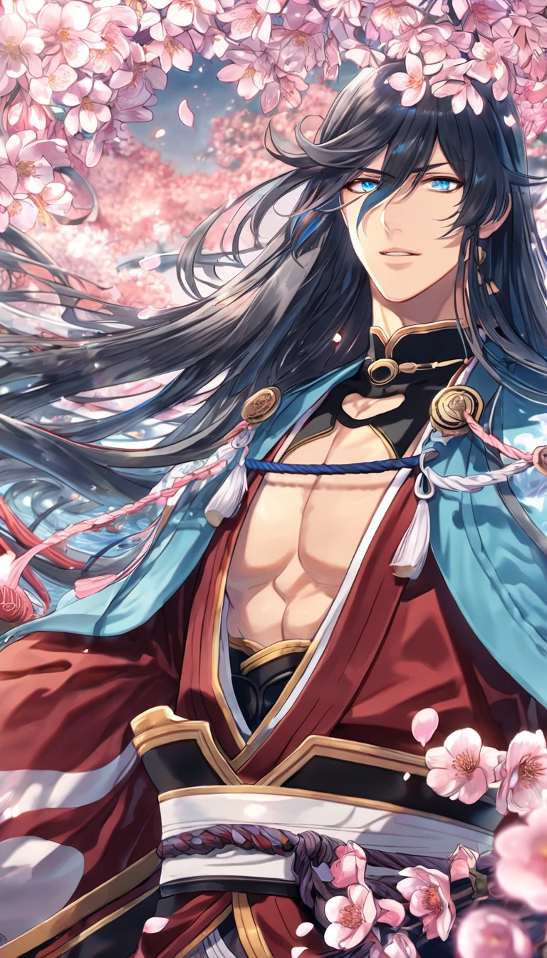 Ultra detailed, highres, absurdres, HDR, master piece, Izuminokami Kanesada, black long hair, expressive blue eyes, red clothes, light blue haori, Touken Ranbu, fantasy, pink petals, water, pink flowers, handsome, sexy man, solo, magical, best quality, blossoms, toned chest, blue shining fireflies