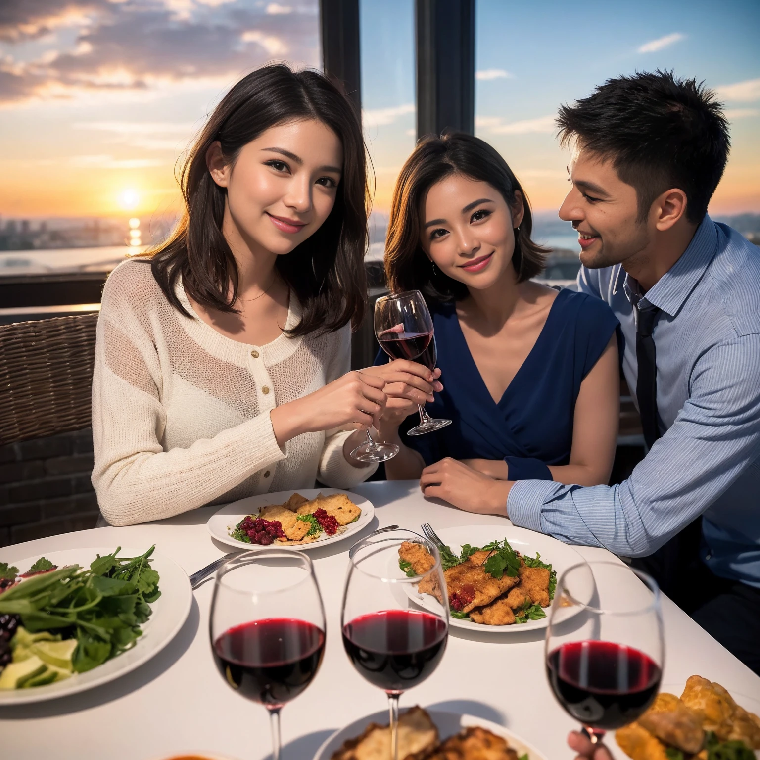 ((Highest quality、8K、masterpiece:1.3))、 (Genuineistic, Genuine、Bright image、Intricate details:1.2), 最高のsmile、1 male、1 female、Beautiful couple、Love Love Love、To all Yokohama lovers、、Good friends、actress couple、smile、Full-course dinner at a packed table、 (Slim face), (the body is slim), (Brown Hair), (short hair), テーブルのwine glass、Please shine a light on my face、 Amazing view of the sunset sky and clouds、42 years old 39 years old, red wine 、Appetizers、Wine bottle、sparkling wine、Long sleeve shirt、dress、White wine, red wine, wine glass, 