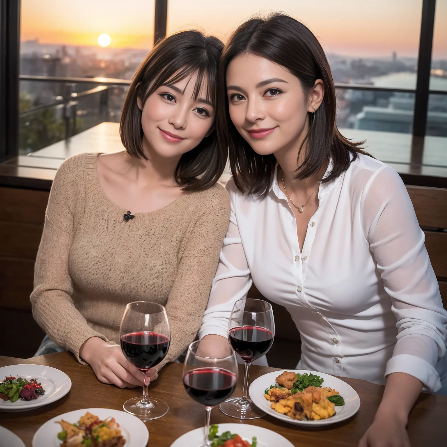 ((Highest quality、8K、masterpiece:1.3))、 (Genuineistic, Genuine、Bright image、Intricate details:1.2), 最高のsmile、1 male、1 female、Beautiful couple、Love Love Love、To all Yokohama lovers、、Good friends、actress couple、smile、Full-course dinner at a packed table、 (Slim face), (the body is slim), (Brown Hair), (short hair), テーブルのwine glass、Please shine a light on my face、 Amazing view of the sunset sky and clouds、42 years old 39 years old, red wine 、Appetizers、Wine bottle、sparkling wine、Long sleeve shirt、dress、White wine, red wine, wine glass,