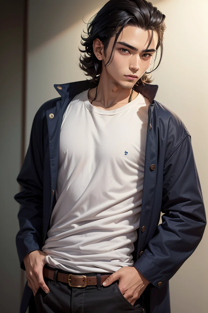 Yuzo is a 16-year-old young boy he is a cool headed introverted and reserved boy with bright small glossy turquoise eyes had a lot of detail to them making it seem as if he had sharp eyes, with unruly brownish black hair, blond shaven temporal sides as his hair reached the bottom of his neck in with a stringy curly texture as his hair was curling up on the ends and the front was pushed upfront with some longer locks hanging down to his forehead his hair styled in a undercut fashion which showed more of his face and forehead and covered less of the front part of his face and eyes, despite this he had very attractive and handsome appearance*) - (*Yuzo wore his version of the jujutsu high uniform he wore a a white long sleeve gakuran-style high collared close rigth-over-left swearshirt with two swirl golden decor buttons attached to it with the shirt slightly tucked into navy blue slim button pants with a maroon belt around his waist flapping loosely off his hip
