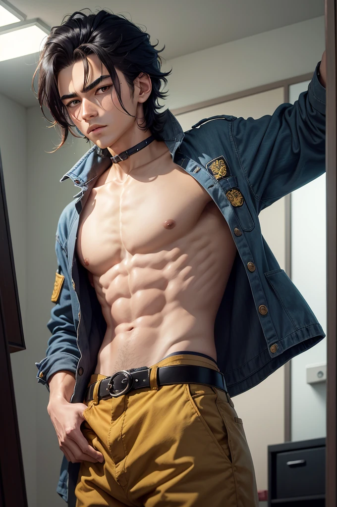 Yuzo is a 16-year-old young boy he is a cool headed introverted and reserved boy with bright small glossy turquoise eyes had a lot of detail to them making it seem as if he had sharp eyes, with unruly brownish black hair, blond shaven temporal sides as his hair reached the bottom of his neck in with a stringy curly texture as his hair was curling up on the ends and the front was pushed upfront with some longer locks hanging down to his forehead his hair styled in a undercut fashion which showed more of his face and forehead and covered less of the front part of his face and eyes, despite this he had very attractive and handsome appearance*) - (*Yuzo wore his version of the jujutsu high uniform he wore a a white long sleeve gakuran-style high collared close rigth-over-left swearshirt with two swirl golden decor buttons attached to it with the shirt slightly tucked into navy blue slim button pants with a maroon belt around his waist flapping loosely off his hip
