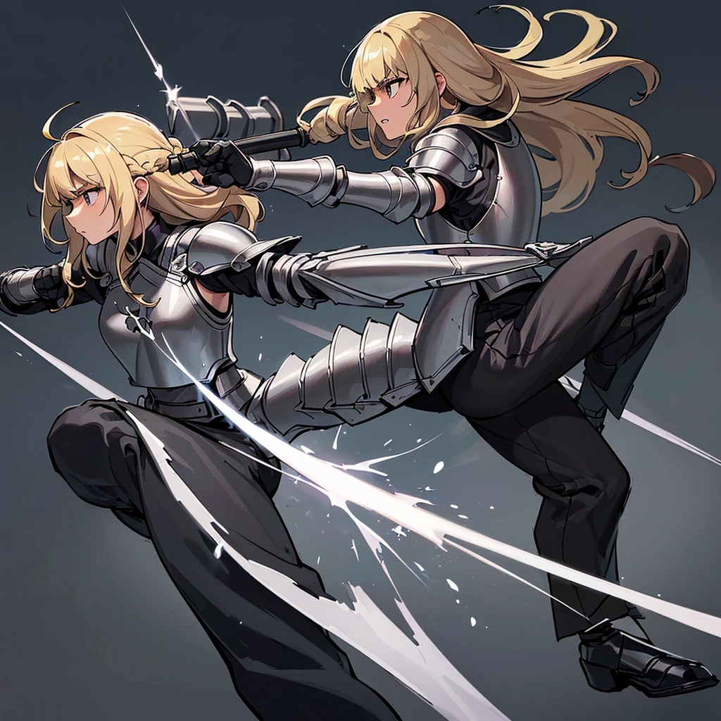 (((Solo)))、Highest quality, Best Quality、(((Gray simple armor、Black trousers))、(woman、18-year-old)、(Blonde、Long Hair)、Grab the sword、(Simple Background)、(((The magic of light、Deathblow)))、((battle、Fighting Pose、Fighting stance、Movement angle))
