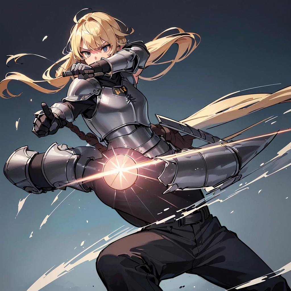 (((Solo)))、Highest quality, Best Quality、(((Gray simple armor、Black trousers))、(woman、18-year-old)、(Blonde、Long Hair)、Grab the sword、(Simple Background)、(((The magic of light、Deathblow)))、((battle、Fighting Pose、Fighting stance、Movement angle))