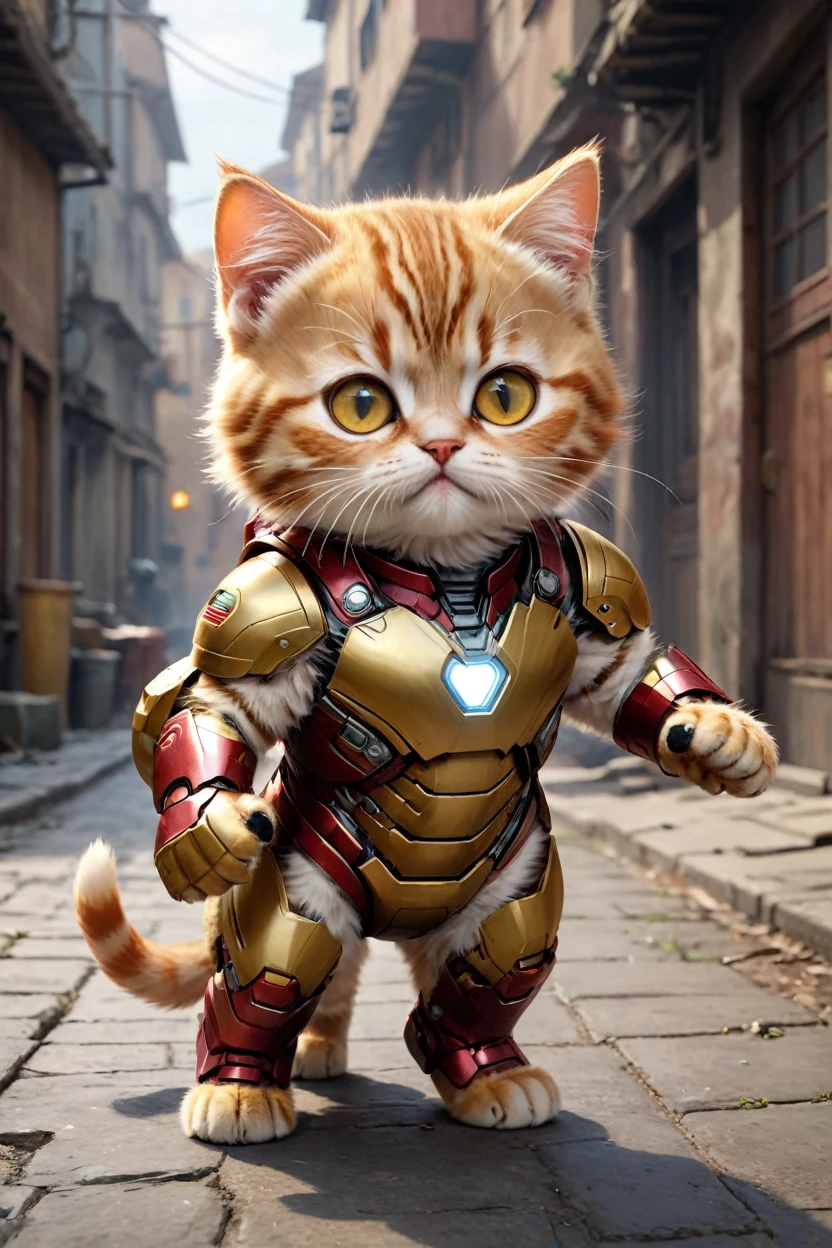 small, There are no humans in this world、The world of anthropomorphized cats、Wearing an Iron Man suit、He also wears an Iron Man mask、かわいいbornき物全身, Costumes,、 Fantasy art, Exquisite detail, An anthropomorphic, fat, furry tabby kitten with yellow eyes, Movie Scenes, Dramatic shot angles, , Realistic, born々Amazing cinematic photorealism, Action Portrait, 8K, detailed, Full Frame