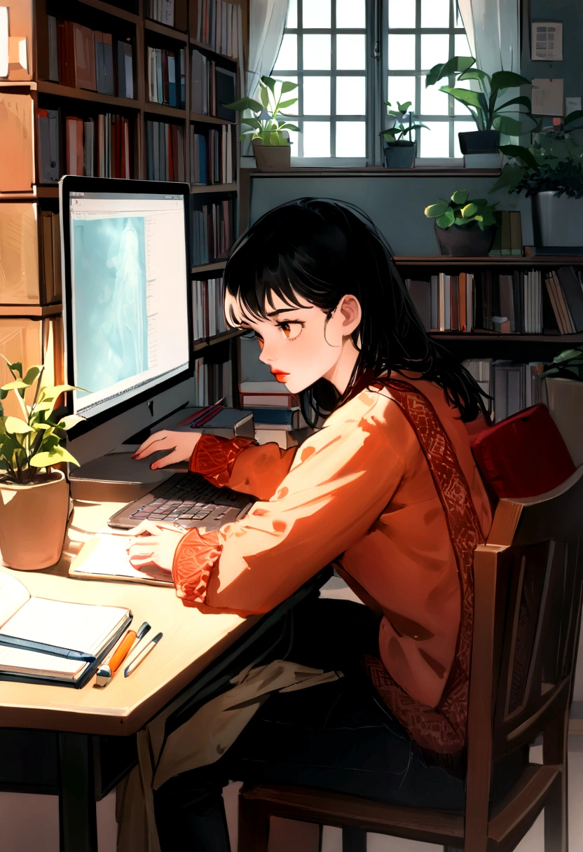 (best qualityer, high resolution, ultra detali, realisitic:1.37), a girl sitting on a red chair, studying with a computer on the table. The girl has beautiful detailed eyes, long eyelashes, and beautiful detailed lips. she's wearing casual clothes. The room is well lit with natural light. She is deeply focused and has a serious expression on her face. The table is full of books, notebooks, and stationery. The walls are painted in warm colors, creating a cozy environment. The chair has a comfortable cushion. The computer on the desk has a large screen and stylish design. The is surrounded by shelves full of books and plants, creating a calm and studious environment. The scene is captured in a photorealisitic style, with vivid colors and sharp focus.