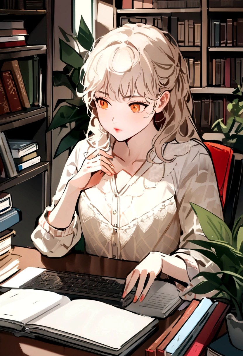 (best qualityer, high resolution, ultra detali, realisitic:1.37), a girl sitting on a red chair, studying with a computer on the table. The girl has beautiful detailed eyes, long eyelashes, and beautiful detailed lips. she's wearing casual clothes. The room is well lit with natural light. She is deeply focused and has a serious expression on her face. The table is full of books, notebooks, and stationery. The walls are painted in warm colors, creating a cozy environment. The chair has a comfortable cushion. The computer on the desk has a large screen and stylish design. The is surrounded by shelves full of books and plants, creating a calm and studious environment. The scene is captured in a photorealisitic style, with vivid colors and sharp focus.