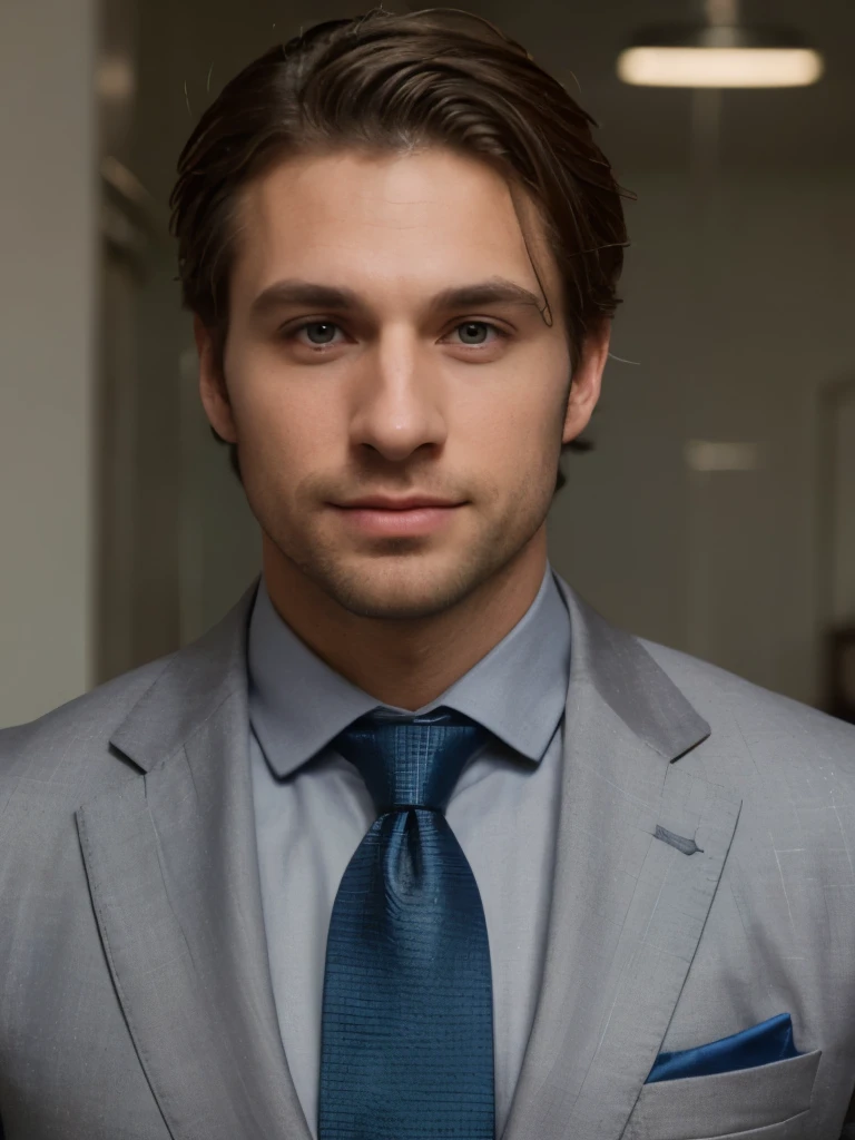 (((zoom out, 3/4 view, full body, handsome 35 year old desirable caucasian man with distinguished features, wearing a stylish gray suit and blue tie))), (light brown medium length hair, cropped sides, clean shaved face, intriguing green eyes), athletic build, strong, seductive smile with gentle expression, detailed depiction of facial features, perfectly symmetrical face, bright overhead and back lighting masterfully accentuates his excellent features