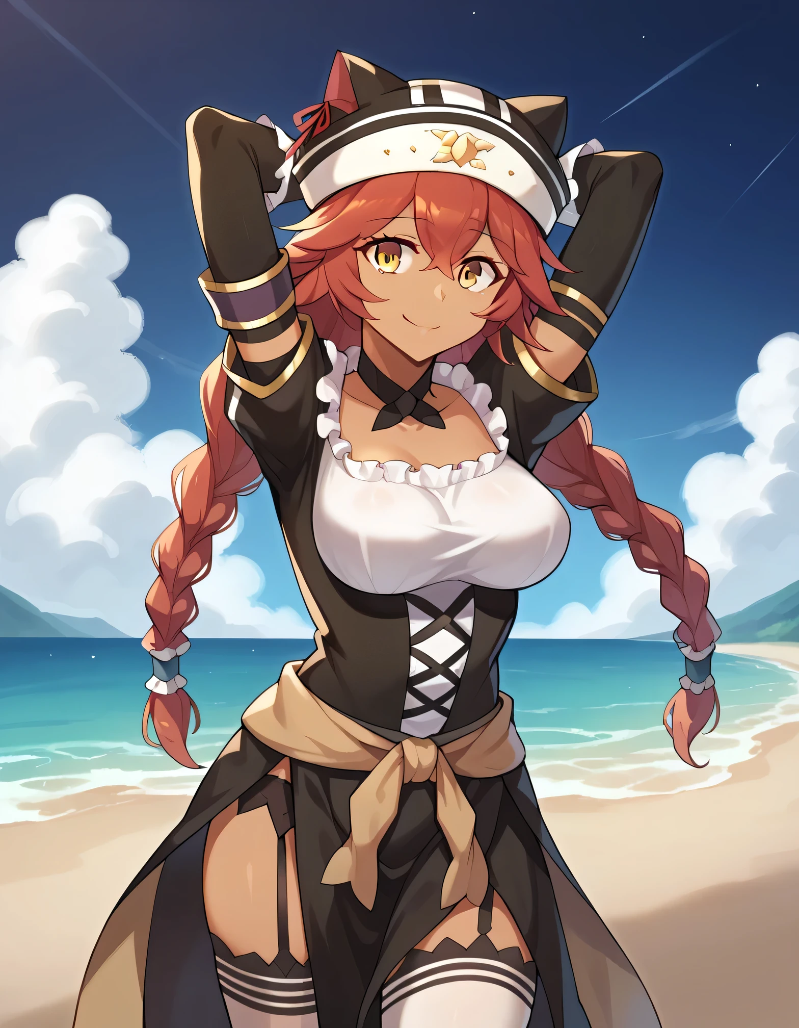 score_9, score_8_up, score_7_up, BREAK, 1girl, solo, breasts, lupusregina beta, dark skin, twin braids, hat, frills, black dress, short sleeves, bridal gauntlets, white thighhighs, garter straps, choker,  high quality, solo, 1girl, night sky, beach, arms behind head, (contrapposto), closed mouth, spread armpits, (cowboy shot:1.5), looking at viewer, smile, best quality,