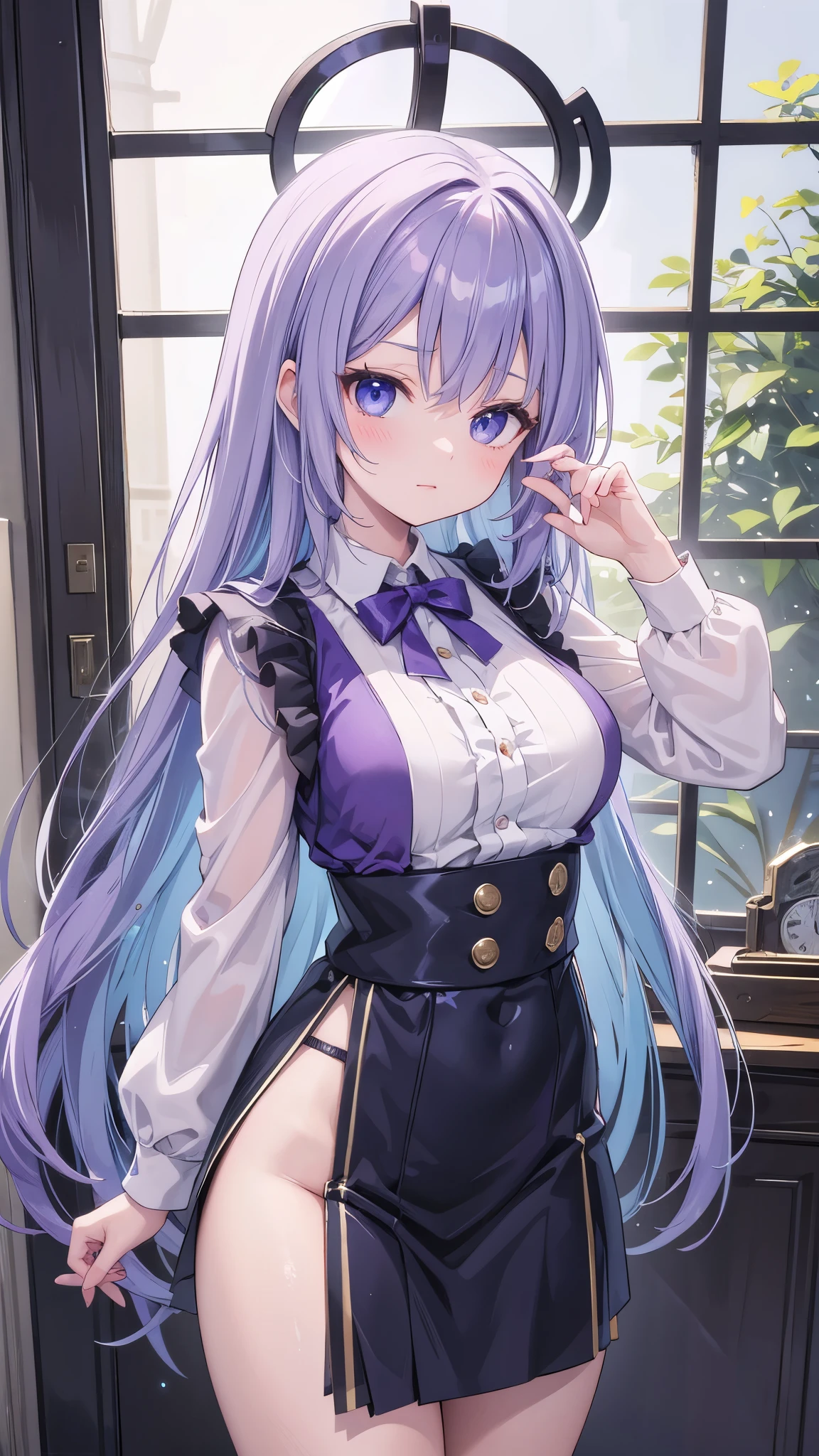 Anime girl with purple hair and blue eyes posing in front of window, Detailed digital anime art, Beautiful Anime girl, Smooth anime CG art, Beautiful Animeの肖像画, Beautiful and attractive anime woman, Gwaiz, Beautiful Animeの女性, artwork in the style of Gwaiz, Beautiful Anime, Enchanting anime girl, Cute girl anime visuals, Anime Style 4k