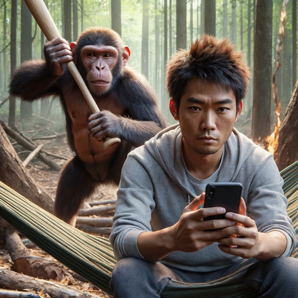 hyperrealism. a monkey holding a baseball bat sneaks up behind an asian man ,25 year old with short and spiky hair who was sitting looking blankly forward in a hammock, A monkey was seen swinging a bat to hit the human, in the forest that has been cut down.4k,cinematic,UHD