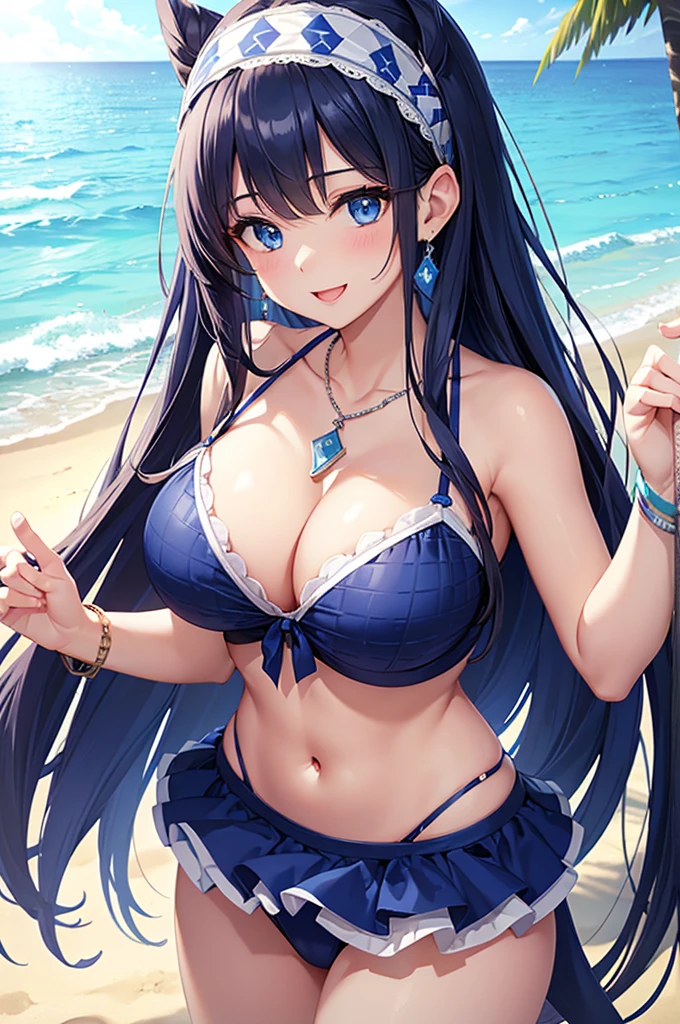 Highest quality、Highest quality、masterpiece、(8K),Beauty(Age 25)、Navy blue long hair、blue eyes、  with block check pattern、Big 、()、smile、blue necklace、Blue Earrings、background(Beach)、Please open your mouth wide、White headband、bracelet、Dynamic pose