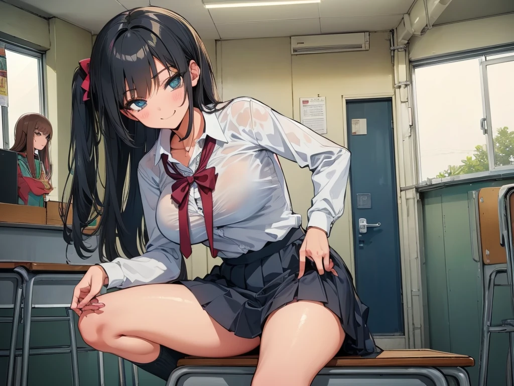 high school student、Women、School classroom、(Big Breasts)、smirk、curvy、(((((1 girl)))))、(from below)、