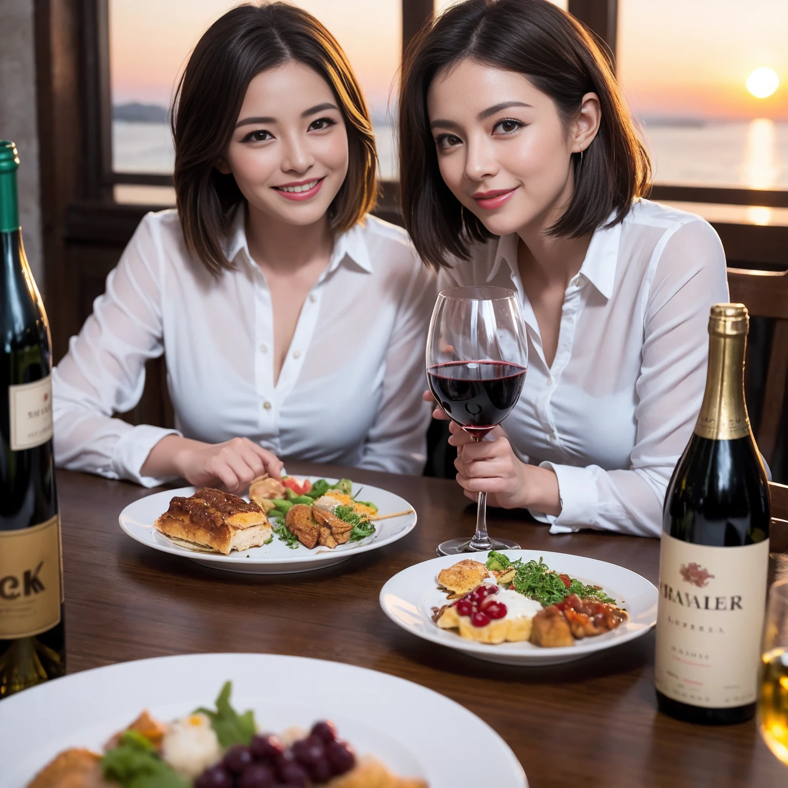 ((Highest quality、8K、masterpiece:1.3))、 (Genuineistic, Genuine、Bright image、Intricate details:1.2), 最高のsmile、1 male 1 female、Beautiful couple、Lovey-dovey lovers、Happy Yokohama Lovers、、Good friends、actress couple、smile、Full-course dinner at a packed table、 (Slim face), (the body is slim), (Brown Hair), (short hair), テーブルのwine glass、Please shine a light on my face、 Amazing view of the sunset sky and clouds、 years old 39 years old, red wine 、Appetizers、Wine bottle、sparkling wine、Long sleeve shirt、dress、White wine, red wine, wine glass,