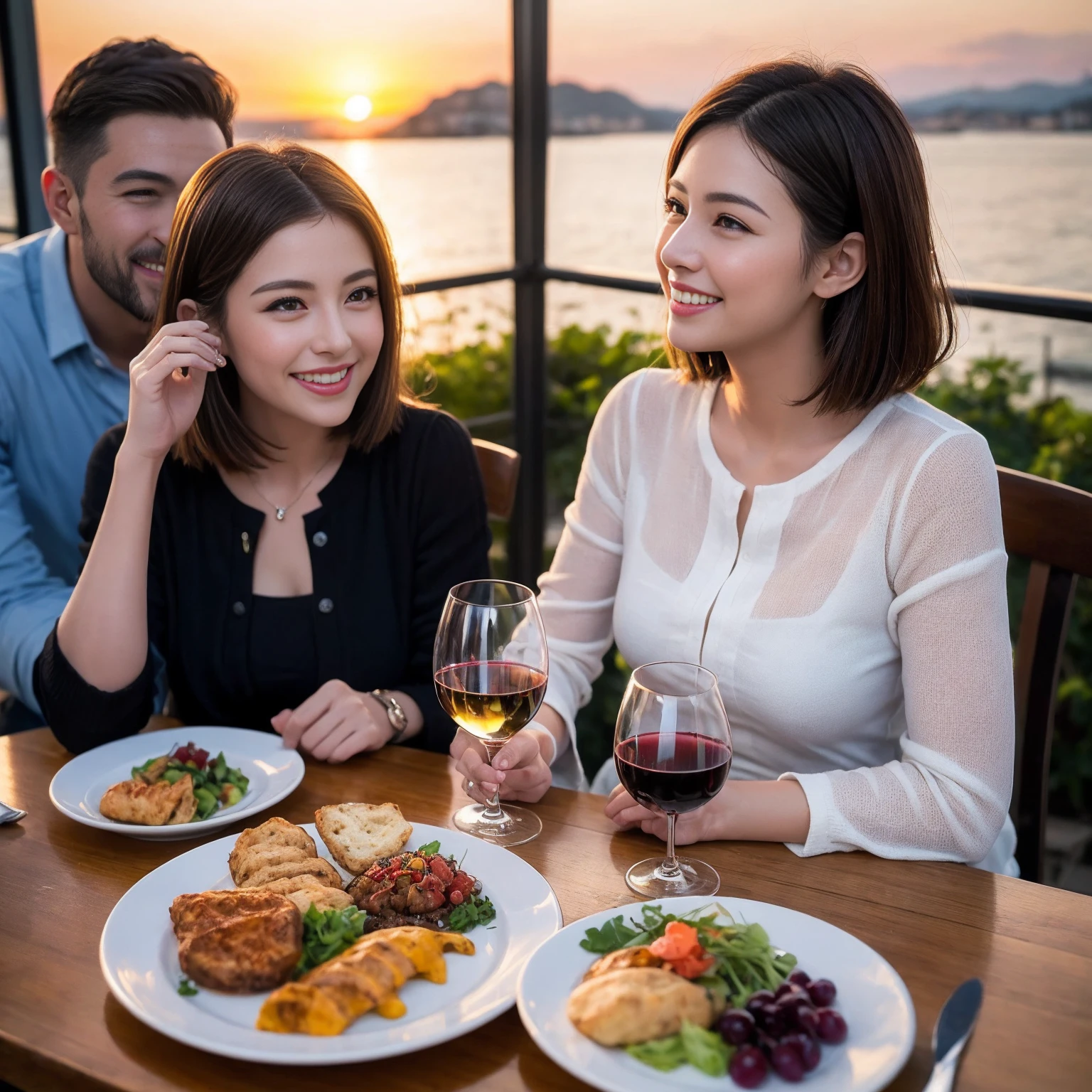 ((Highest quality、8K、masterpiece:1.3))、 (Genuineistic, Genuine、Bright image、Intricate details:1.2), 最高のsmile、1 male 1 female、Beautiful couple、Lovey-dovey lovers、Happy Yokohama Lovers、、Good friends、actress couple、smile、Full-course dinner at a packed table、 (Slim face), (the body is slim), (Brown Hair), (short hair), テーブルのwine glass、Please shine a light on my face、 Amazing view of the sunset sky and clouds、 years old 39 years old, red wine 、Appetizers、Wine bottle、sparkling wine、Long sleeve shirt、dress、White wine, red wine, wine glass,