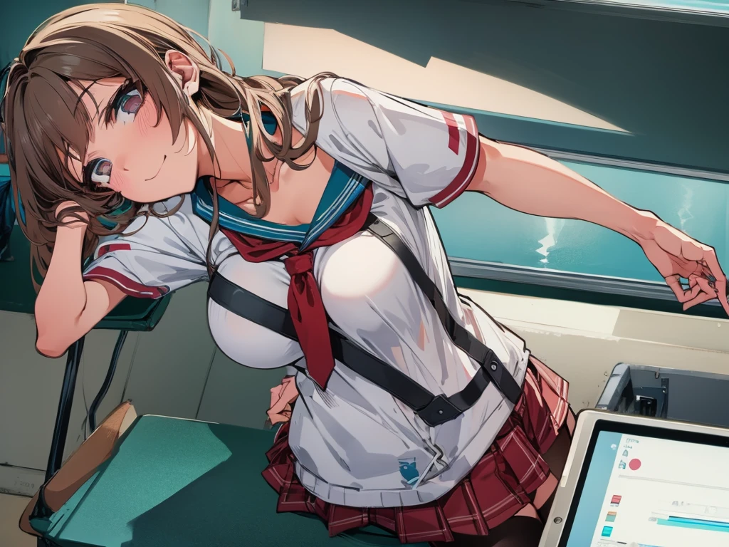 high school student、Women、School classroom、(Big Breasts)、smirk、curvy、(((((1 girl)))))、(from below)、With a cheek cane、