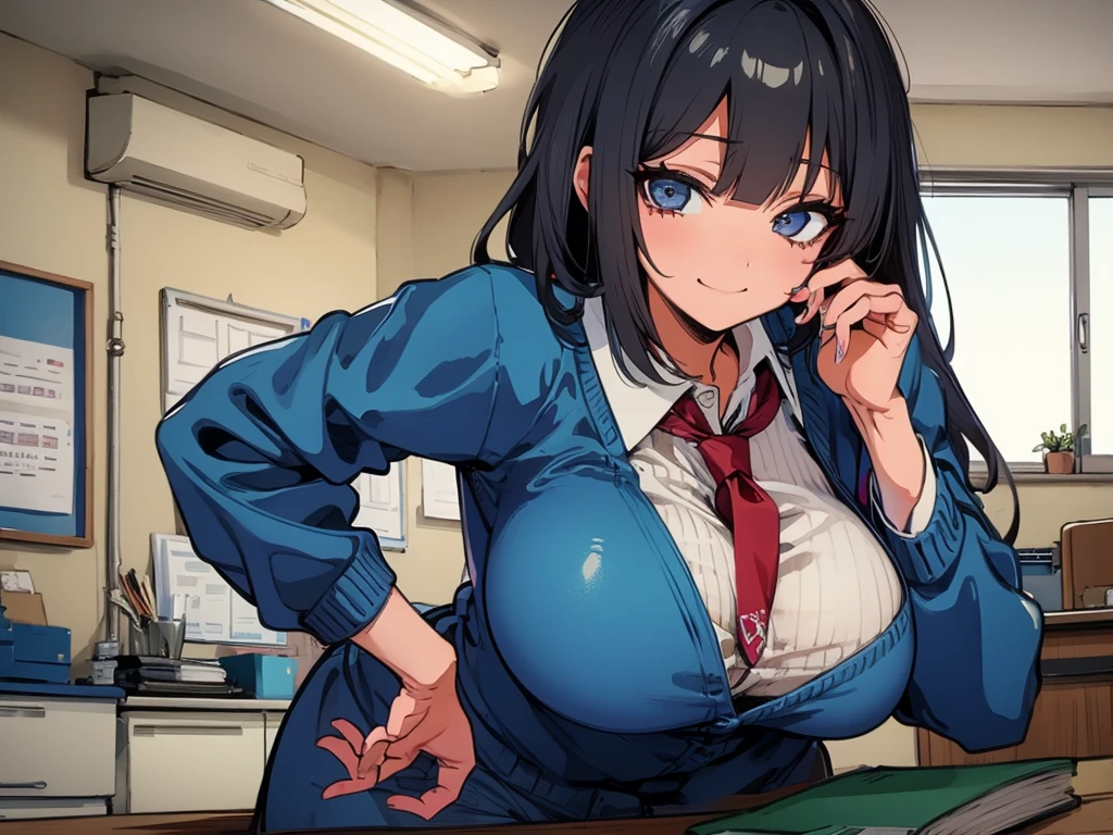 high school student、Women、School classroom、(Big Breasts)、smirk、curvy、(((((1 girl)))))、(from below)、With a cheek cane、