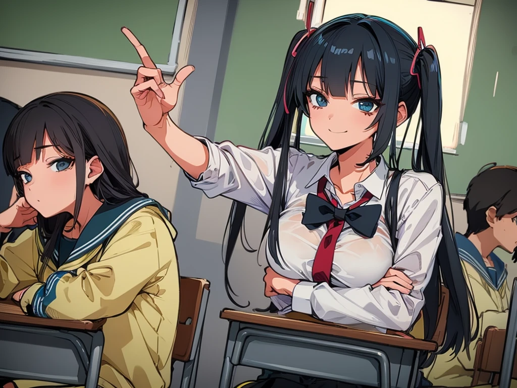 high school student、Women、School classroom、(Big Breasts)、smirk、curvy、(((((1 girl)))))、(from below)、With a cheek cane、