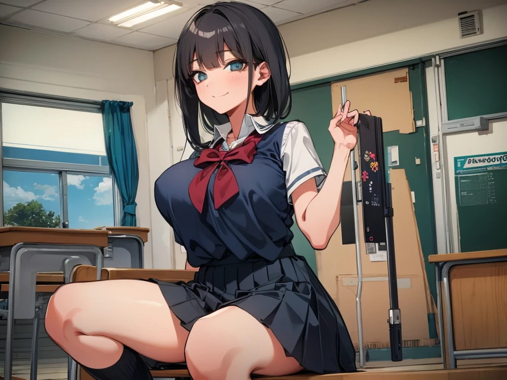 high school student、Women、School classroom、()、smirk、、(((((1 girl)))))、(from below)、With a cheek cane、