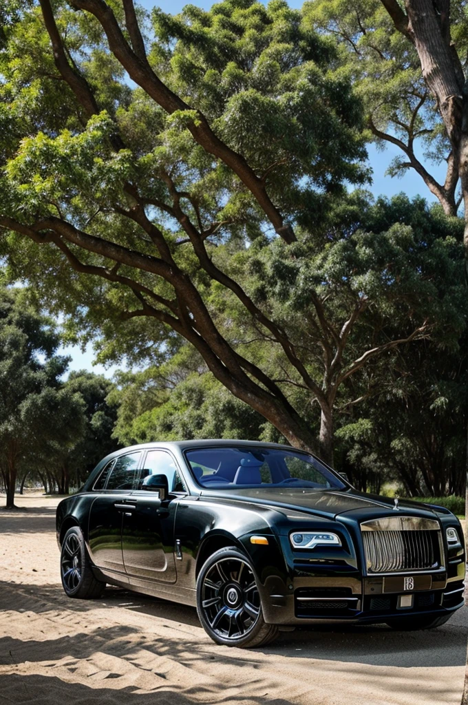 A black rolls Royce park on the side of the beach where so many trees are there 