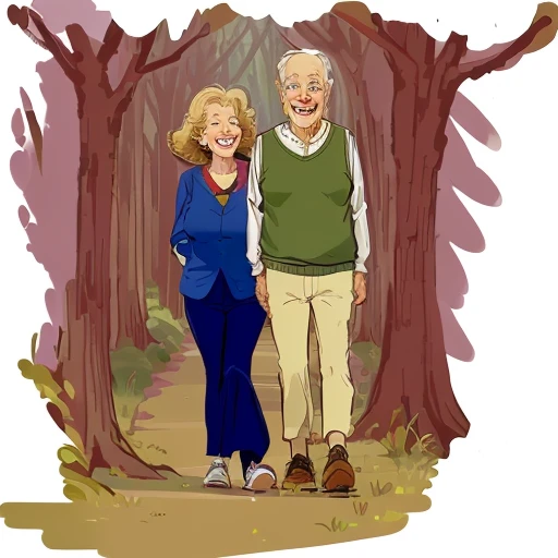 cartoon drawing of a man and woman standing next to each other, two skinny old people, two old people, man and woman walking together, inspired by Stan and Jan Berenstain, enjoying a stroll in the forest, walking around in a forest, walking in a forest, walking around in forest, momma and papa, walking in the forest, walking together, walking in forest