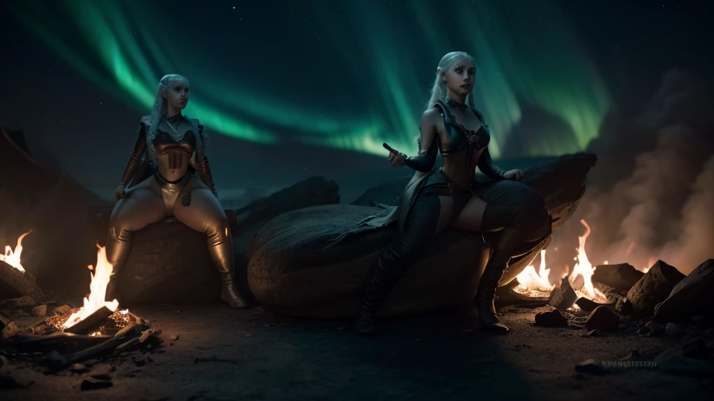 cemematic film still of (Cemematic Film stock footage style) em (estilo arri alexa) (Kodak film premt style), Generate an image of a sexy and serious Daenerys Targaryen with a spectacular body in a scenario that mixes future and medieval aesthetics, com um castelo high tech ao fundo, noite, arte hiperrealista em 4k, noite, lua cheia gigante e aurora boreal, a dragon in the background breathing fire, Daenerys with serious expression