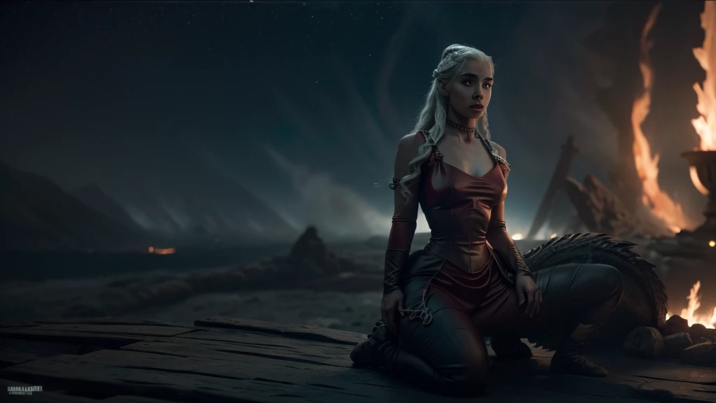 Generate an image of a sexy and serious Daenerys Targaryen with a spectacular body in a scenario that mixes future and medieval aesthetics, com um castelo high tech ao fundo, noite, arte hiperrealista em 4k, noite, lua cheia gigante e aurora boreal, a dragon in the background breathing fire, Daenerys with serious expression