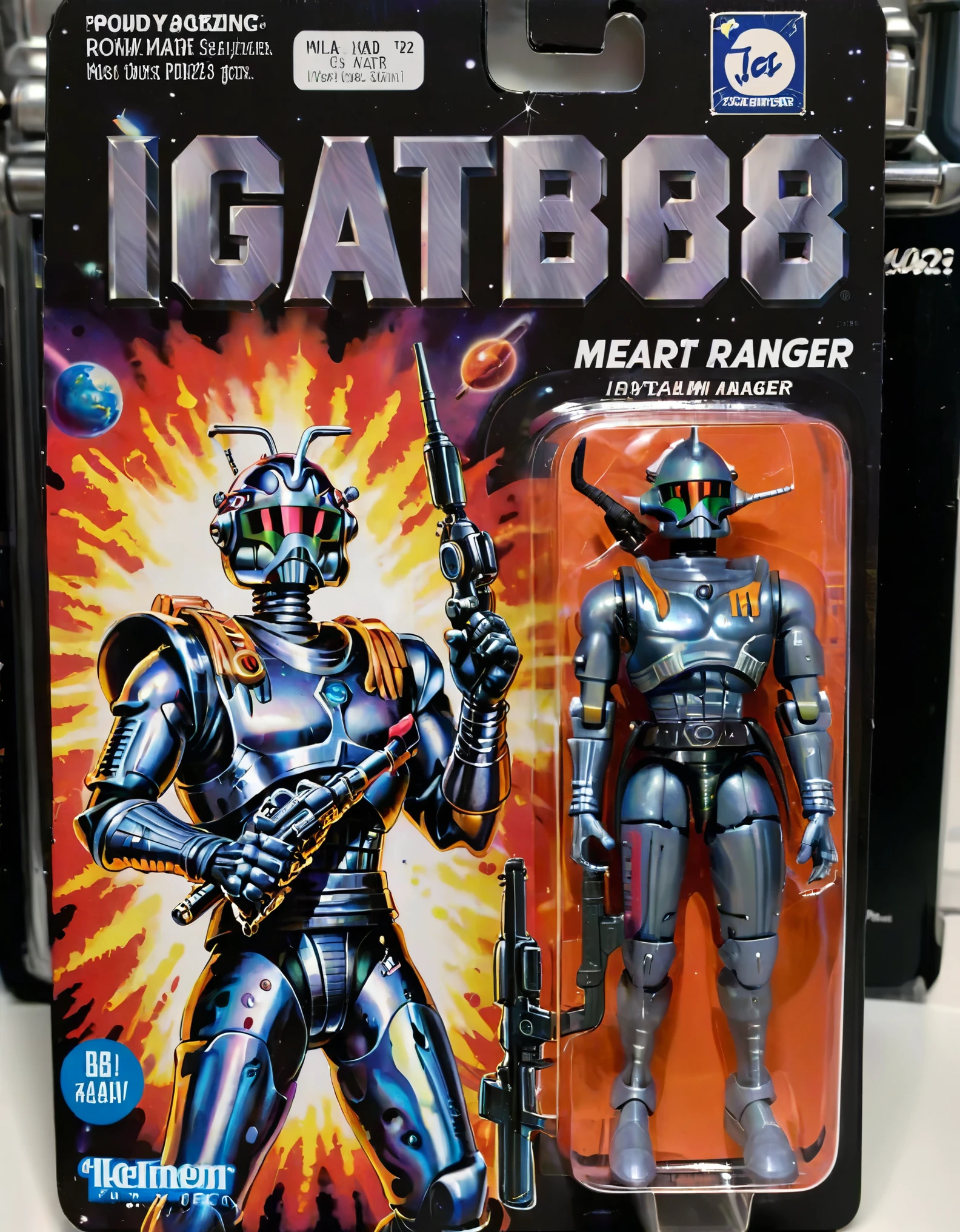 A lifelike figurine resembling the well-known rowdy space ranger, IG-88, stands prominently displayed. The figurine captures his iconic exaggerated features with striking realism, including his metalic full body machine and big lazer gun. Alongside it, the packaging showcases a cartoon illustration of space bounty hunter, adding a playful contrast to the realism of the figure. The colorful yet menacing packaging is a juxtaposition to the character. The name ('IG-88':1.5) is printed in bold, eye-catching letters on the packaging, highlighting his renowned identity,