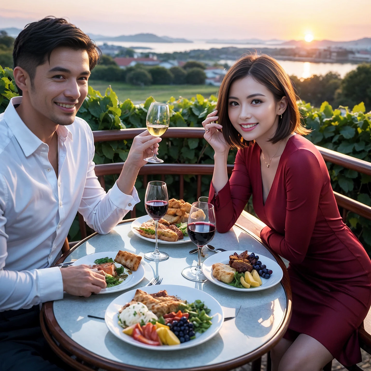 ((Highest quality、8K、masterpiece:1.3))、 (Genuineistic, Genuine、Bright image、Intricate details:1.2), 最高のsmile、1 male、1 female、Beautiful couple、Love Love Love、A mistress who resembles Miki Nakatani、Female announcer、actress couple、smile、Full-course dinner at a packed table、 (Slim face), (the body is slim), (Brown Hair), (short hair), テーブルのwine glass、Please shine a light on my face、 Amazing view of the sunset sky and clouds、42 years old 39 years old, red wine 、Appetizers、Wine bottle、sparkling wine、Long sleeve shirt、dress、White wine, red wine, wine glass,