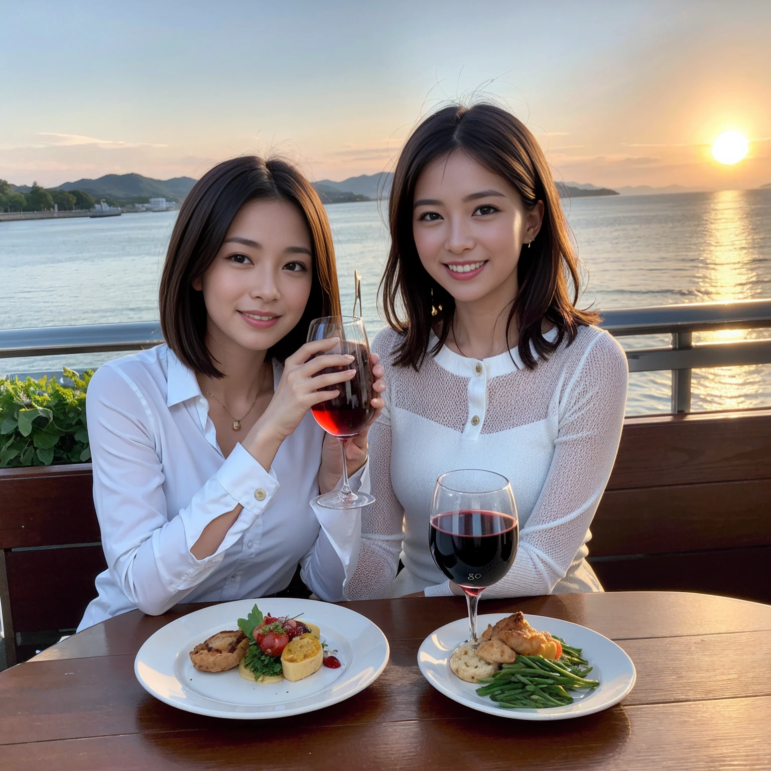 ((Highest quality、8K、masterpiece:1.3))、 (Genuineistic, Genuine、Bright image、Intricate details:1.2), 最高のsmile、1 male、1 female、Beautiful couple、Love Love Love、A  who resembles Miki Nakatani、Female announcer、actress couple、smile、Full-course dinner at a packed table、 (Slim face), (the body is slim), (Brown Hair), (short hair), テーブルのwine glass、Please shine a light on my face、 Amazing view of the sunset sky and clouds、42 years old 39 years old, red wine 、Appetizers、Wine bottle、sparkling wine、Long sleeve shirt、dress、White wine, red wine, wine glass, 